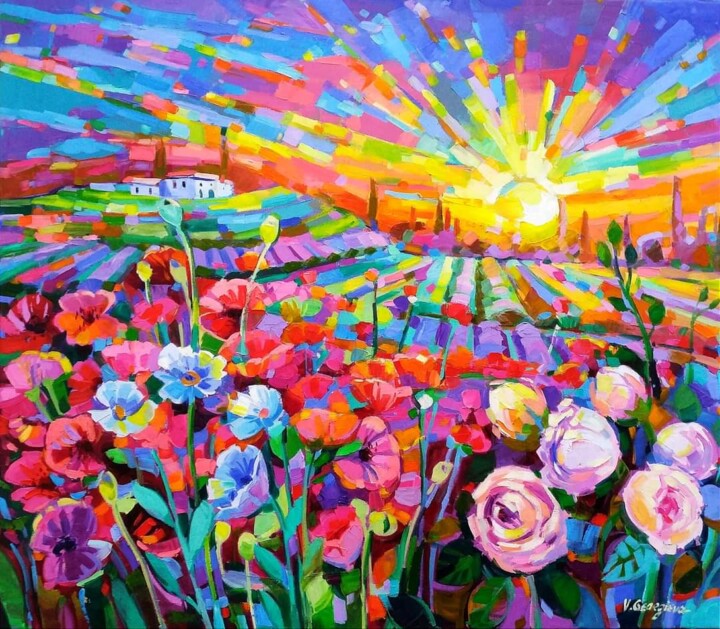 Painting titled "Poppies fields in T…" by Vanya Georgieva, Original Artwork, Oil Mounted on Wood Stretcher frame