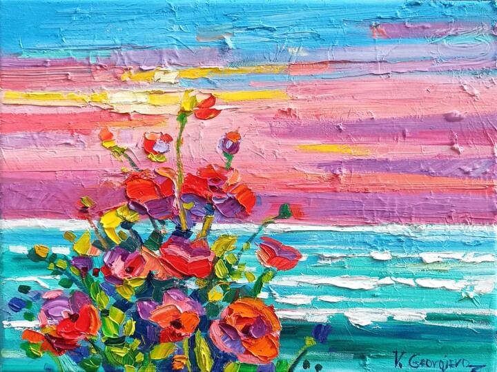 Painting titled "Poppies and the Sea" by Vanya Georgieva, Original Artwork, Oil Mounted on Wood Stretcher frame