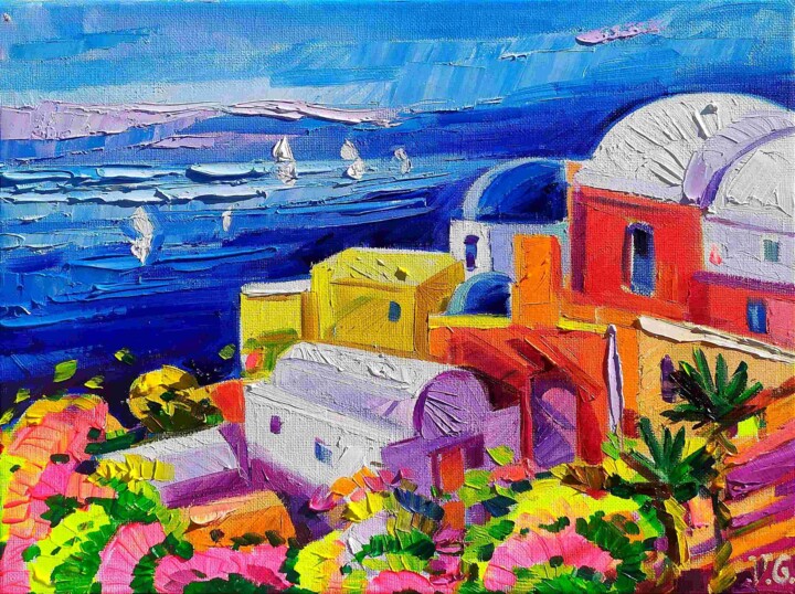 Pittura intitolato "Sunny Day in Santor…" da Vanya Georgieva, Opera d'arte originale, Olio Montato su Telaio per barella in…