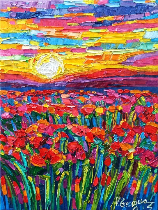 Painting titled "Poppies and the Sun" by Vanya Georgieva, Original Artwork, Oil Mounted on Wood Stretcher frame