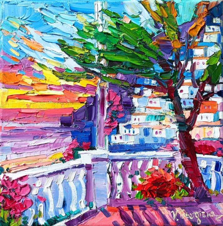 Malarstwo zatytułowany „Terrace in Positano” autorstwa Vanya Georgieva, Oryginalna praca, Olej Zamontowany na Drewniana rama…