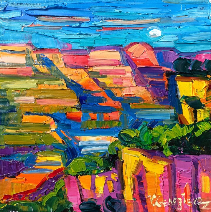 Painting titled "Grand Canyon light" by Vanya Georgieva, Original Artwork, Oil Mounted on Wood Stretcher frame