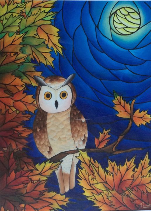 Painting titled "Brown owl in late a…" by Thenuki Perera, Original Art, Acrylic