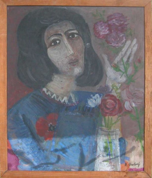 Картина под названием "A woman with flowers" - Sahak Sahakyan, Подлинное произведение искусства