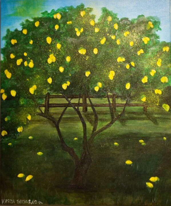 Painting titled "Just a yellow lemon…" by Varvara Arseneva [Varta], Original Artwork, Acrylic Mounted on Wood Stretcher frame
