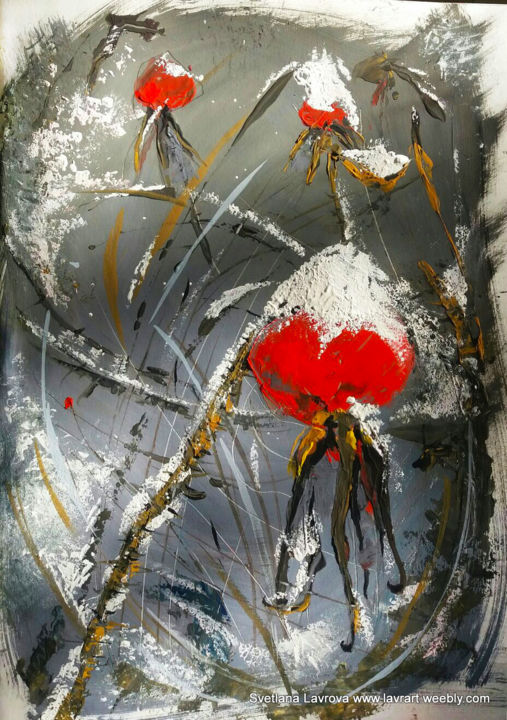 Painting titled "Berries in the snow" by Svetlana Lavrova, Original Artwork, Gouache