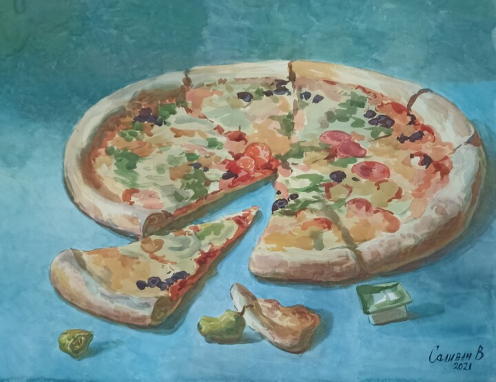 Painting titled "Пицца" by Varvara Salivan, Original Artwork, Watercolor