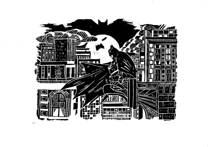 Printmaking titled "Бэтмен/Batman" by Vasiliy Pimenov, Original Artwork, Linocuts