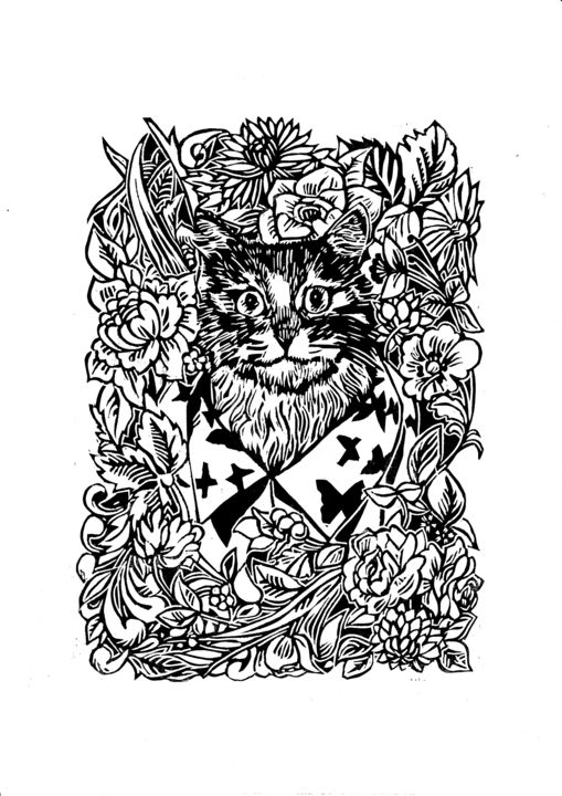 Impressões e gravuras intitulada "Cat in a shirt" por Vasiliy Pimenov, Obras de arte originais, Linoleogravura