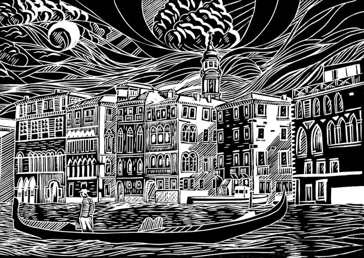Obrazy i ryciny zatytułowany „Venice” autorstwa Vasiliy Pimenov, Oryginalna praca, Linoryty