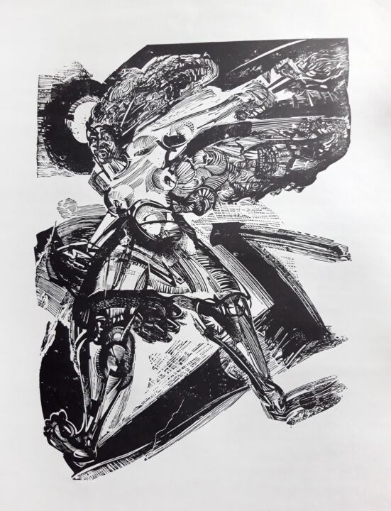 Gravures & estampes intitulée "Angel-bomber" par Vasia Burdin, Œuvre d'art originale, Linogravures