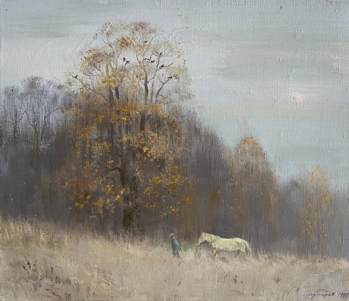 Картина под названием "By the evening." - Vasil Sumarau, Подлинное произведение искусства, Масло Установлен на Деревянная ра…