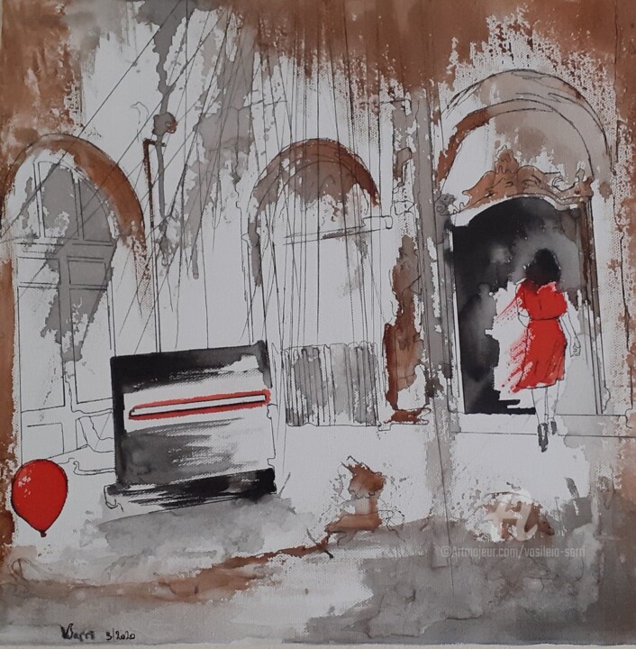 Painting titled "Red - The dress wit…" by Vasileia Sarri, Original Artwork, Ink