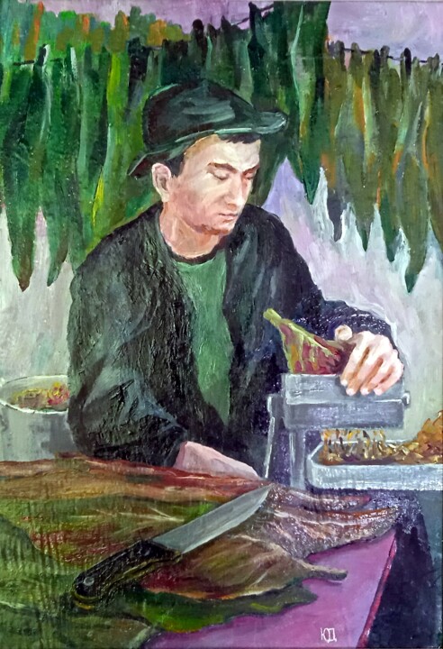 Painting titled "ЗАГОТОВКА ТАБАКА" by Vasilii Iudov, Original Artwork, Oil