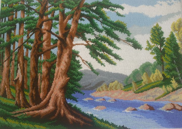Arte textil titulada "На берегу реки" por Валентина Журавская, Obra de arte original, Bordado