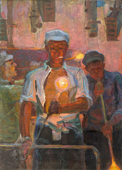 Painting titled "In the glassblowing…" by Vasiliy Strigin, Original Artwork, Oil