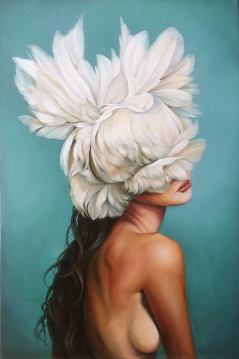 Painting titled "Girl with feathers…" by Vasily Luchkiv, Original Artwork, Oil