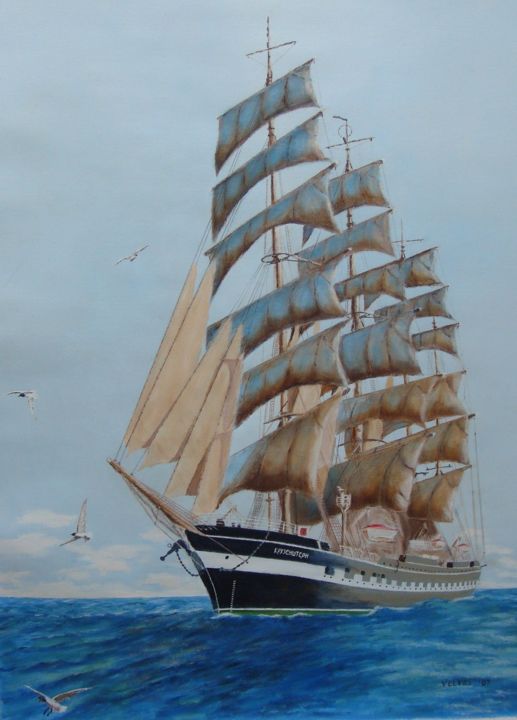 Painting titled "Sailboat" by Vasily Velgan, Original Artwork, Oil