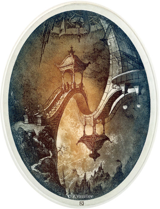 Incisioni, stampe intitolato "Skybridge" da Vesselin Vassilev, Opera d'arte originale, Acquaforte