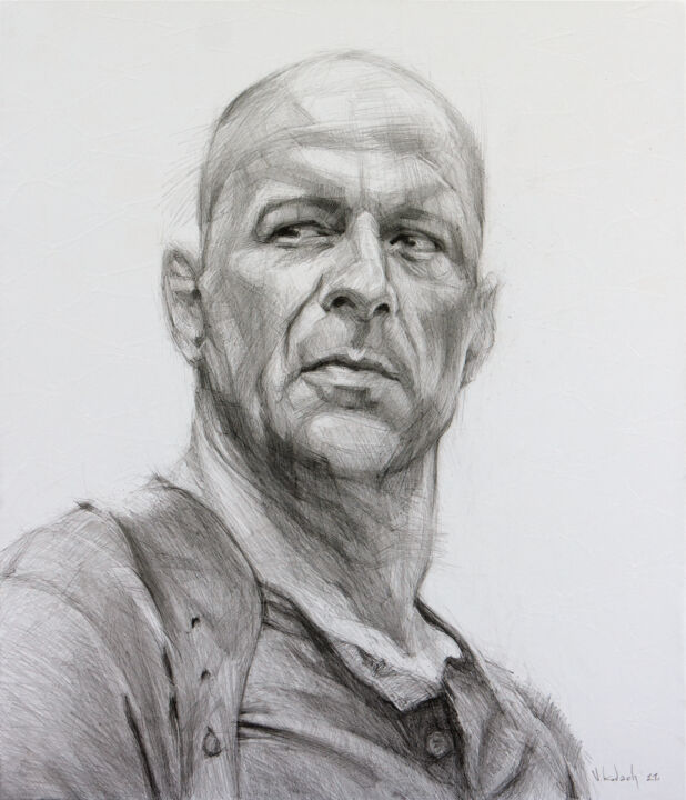 Drawing titled ""Bruce Willis"" by Vasyl Kovach, Original Artwork, Pencil
