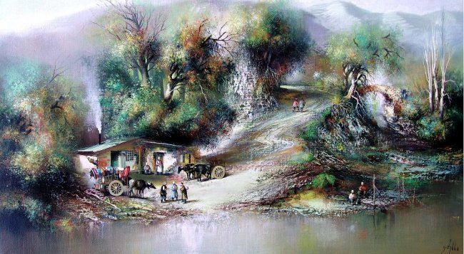 Картина под названием "Georgian village" - Vazsha Meskhi, Подлинное произведение искусства