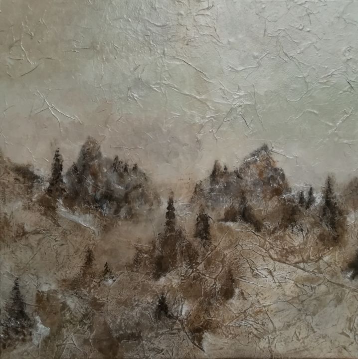 Painting titled "Sapins dans la brume" by Valérie Benedetti, Original Artwork, Acrylic Mounted on Wood Stretcher frame