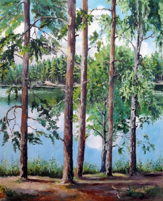 Painting titled "Лесное озеро Чистик" by Vladimir Denisov, Original Artwork