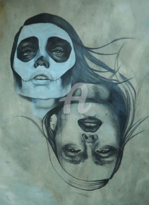 Painting titled "Dualité" by Vebenee, Original Artwork, Graphite Mounted on Wood Stretcher frame
