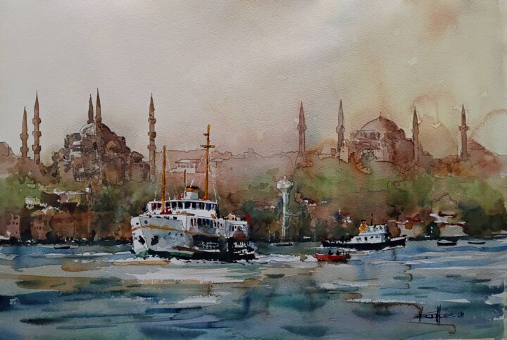 "Ferry in front of H…" başlıklı Tablo Vedat Yildiz tarafından, Orijinal sanat, Suluboya