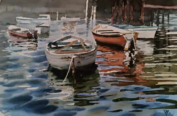 "A fishing port on t…" başlıklı Tablo Vedat Yildiz tarafından, Orijinal sanat, Suluboya