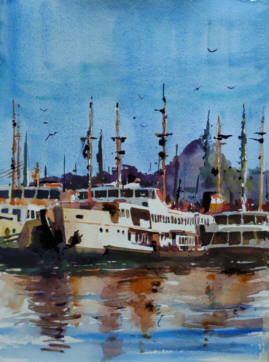"The Ferry front of…" başlıklı Tablo Vedat Yildiz tarafından, Orijinal sanat, Suluboya
