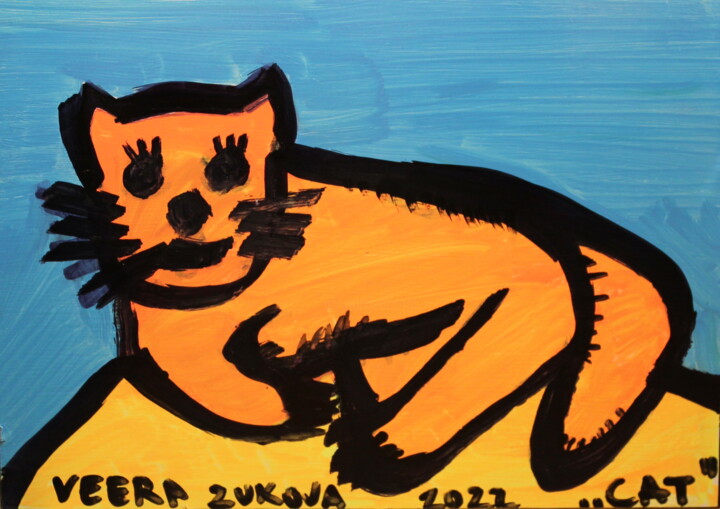 Painting titled "344. Cat" by Veera Zukova, Original Artwork, Marker Mounted on Other rigid panel