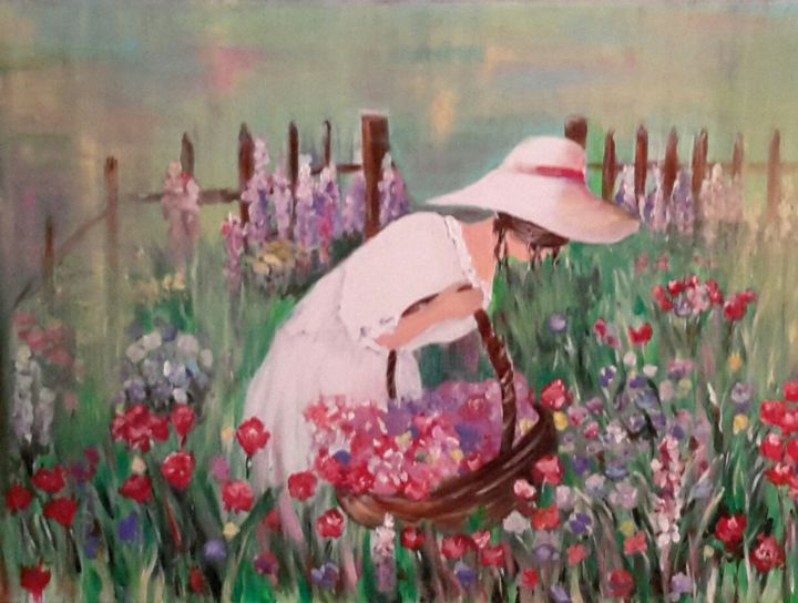 Painting titled "the english garden" by Veerle Defer, Original Artwork, Acrylic
