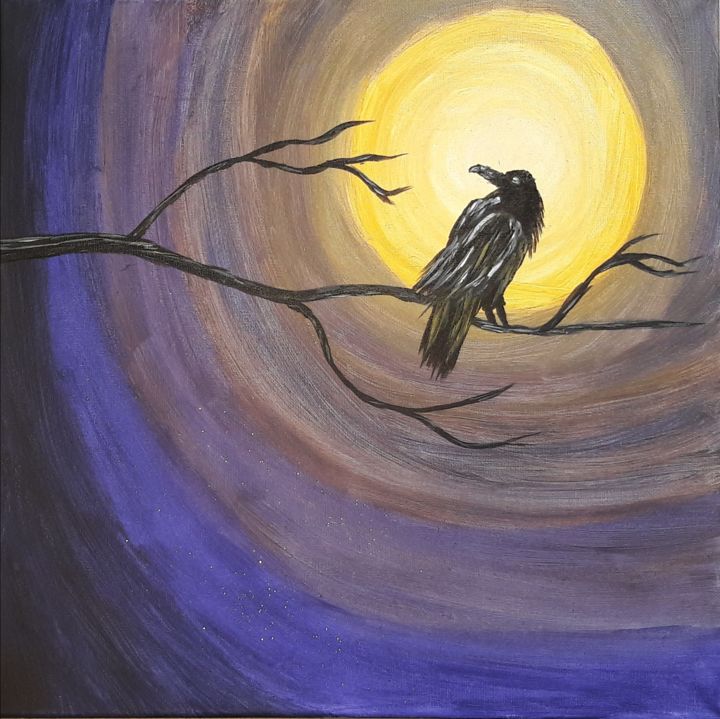 Painting titled "Midnight oak Raven…" by Meravell Bouzin, Original Artwork, Acrylic