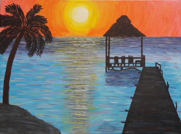 Painting titled "Sunset Ocean Acryli…" by Meravell Bouzin, Original Artwork, Acrylic