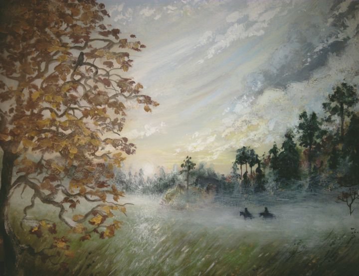 Painting titled "Всадники и осень" by Tatyana Knyazeva, Original Artwork, Tempera