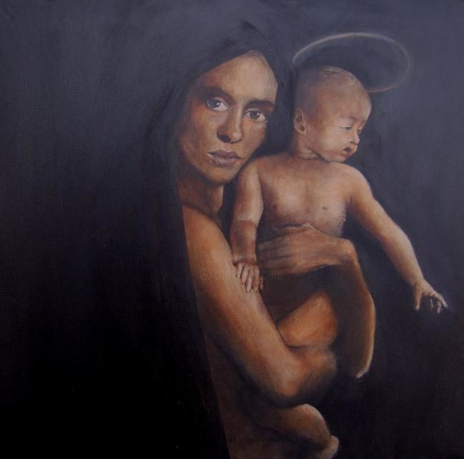 Pintura intitulada "virgem e o menino" por Santos, Obras de arte originais,