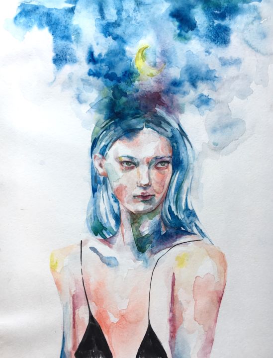 Schilderij getiteld "Girl" door Oksana Poluektova, Origineel Kunstwerk, Aquarel