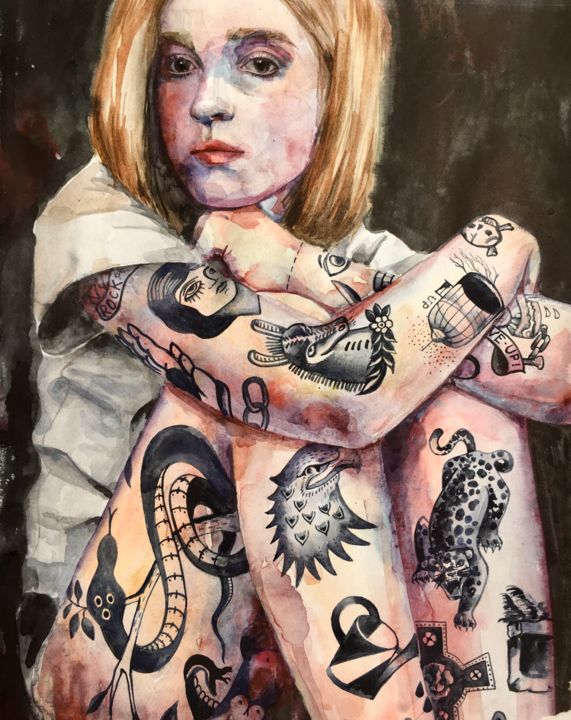 Peinture intitulée "Girl in tattoo" par Oksana Poluektova, Œuvre d'art originale, Aquarelle