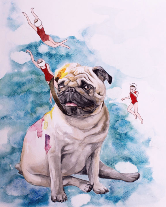 Painting titled "Dog under water" by Oksana Poluektova, Original Artwork, Watercolor