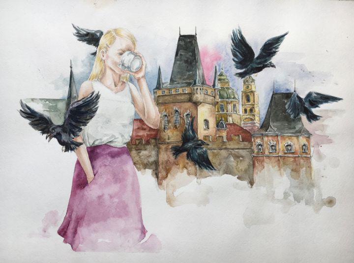 Painting titled "Women in the city" by Oksana Poluektova, Original Artwork, Watercolor