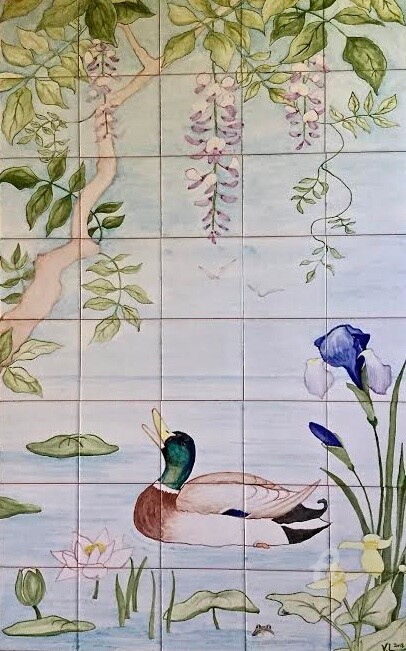 Painting titled "Mallard and wisteria" by Venessa Lagrand, Original Artwork, Watercolor