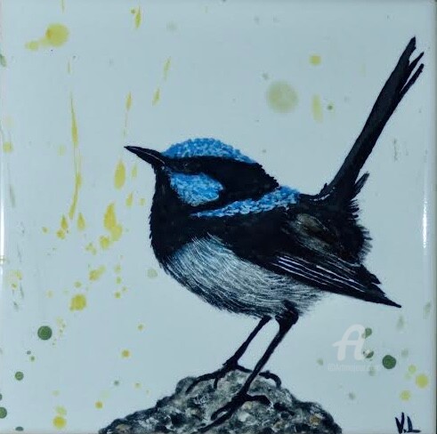 Painting titled "Blue Wren" by Venessa Lagrand, Original Artwork, Pigments Mounted on Wood Panel
