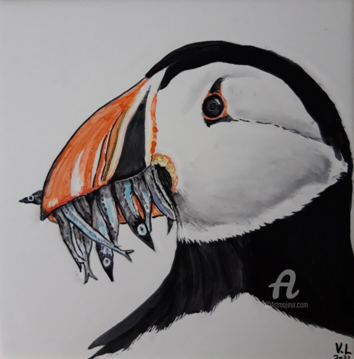 Painting titled "Puffin with fish" by Venessa Lagrand, Original Artwork, Pigments