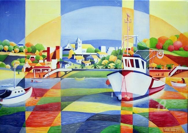 Painting titled "Boats in Harbour, A…" by Venessa Lagrand, Original Artwork, Oil