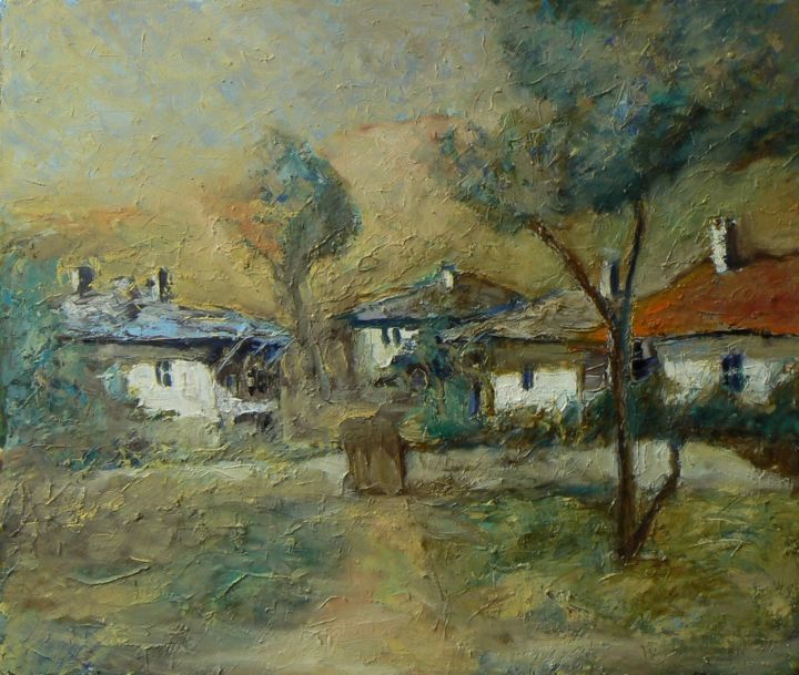 Peinture intitulée "Old houses /52x44" par Georgi Veniaminov, Œuvre d'art originale, Huile