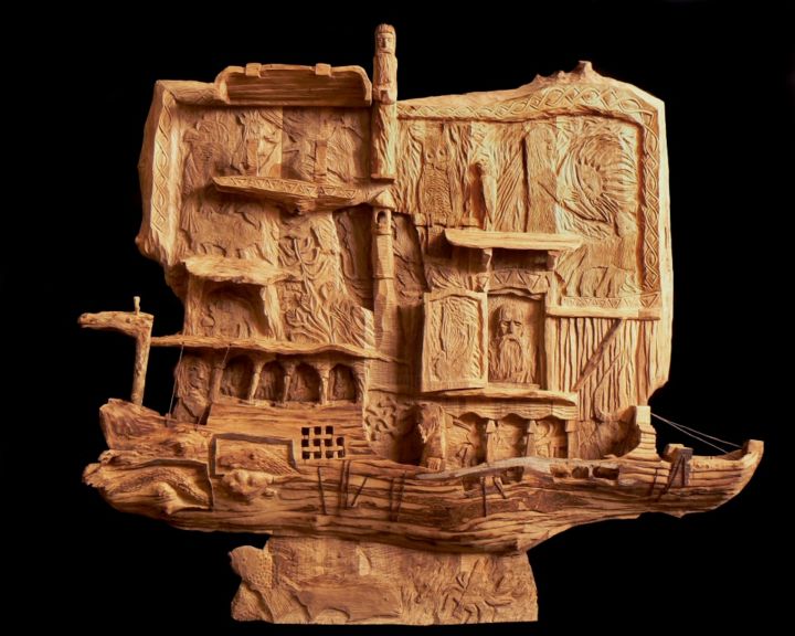 Sculptuur getiteld "Noah /  120x102, wa…" door Georgi Veniaminov, Origineel Kunstwerk, Hout