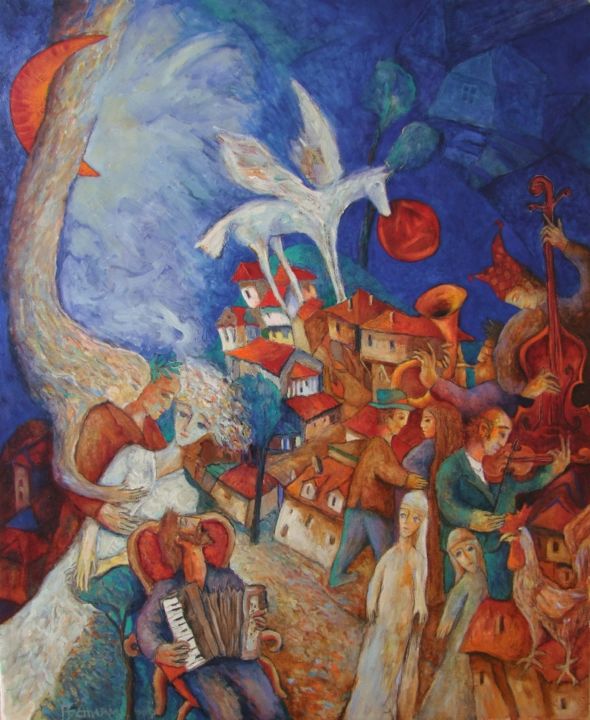 Painting titled "The Poet's wedding…" by Georgi Veniaminov, Original Artwork, Oil