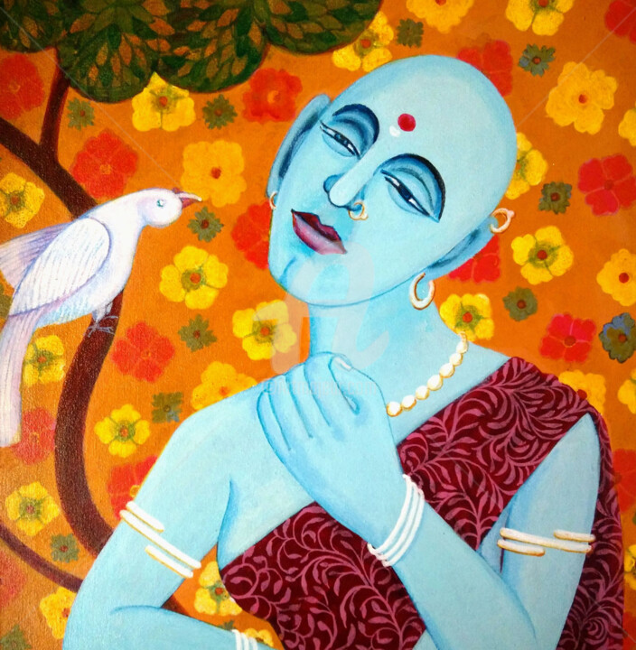 Painting titled "lady-with-bird-2015…" by Venkata Swamy Valluri, Original Artwork, Acrylic