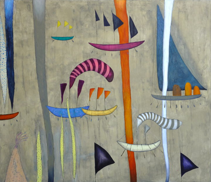 Painting titled "Distant Ocean Saili…" by Ventzislav Dikov - Maestro Online, Original Art, Oil Mounted on Stretcher frame